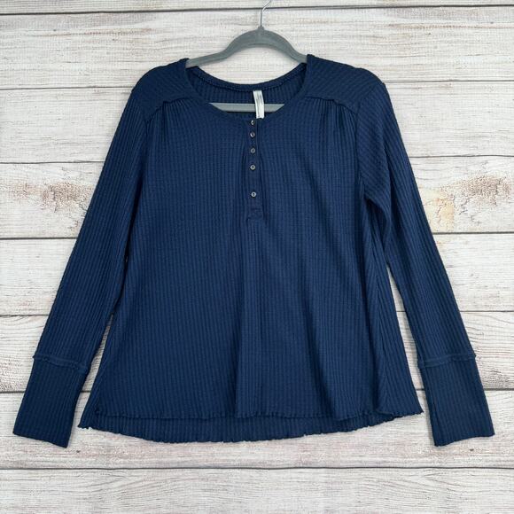 Anthropologie Tops - Anthropologie Henley Waffle Knit Blouse Womens Medium Navy Blue